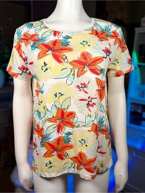 Zara Orange Floral Allover Print Short Sleeve T-shirt Top, Sz M